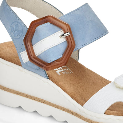 RIEKER - 67476-10 MEDIUM WEDGE FASHION "MOC BUCKLE" SANDAL - WHITE/BLUE
