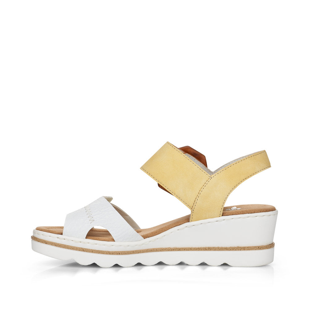 RIEKER - 67476-69 MEDIUM WEDGE FASHION "MOC BUCKLE" SANDAL - WHITE/LEMON