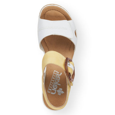 RIEKER - 67476-69 MEDIUM WEDGE FASHION "MOC BUCKLE" SANDAL - WHITE/LEMON