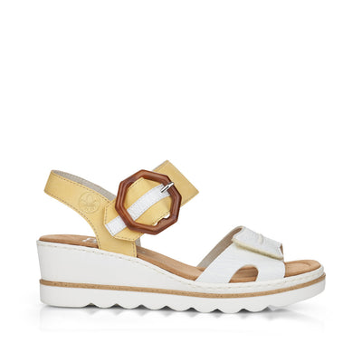 RIEKER - 67476-69 MEDIUM WEDGE FASHION "MOC BUCKLE" SANDAL - WHITE/LEMON
