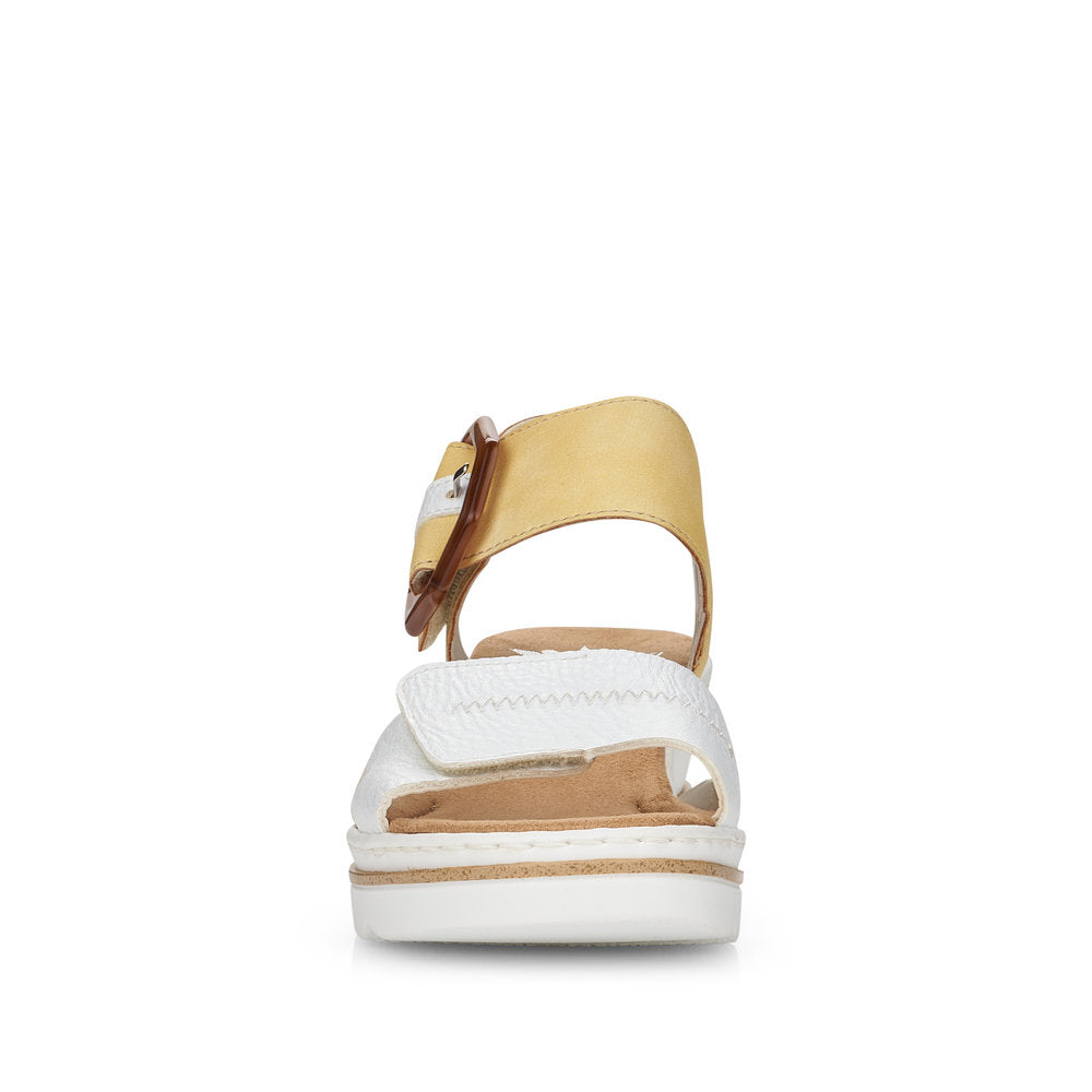 RIEKER - 67476-69 MEDIUM WEDGE FASHION "MOC BUCKLE" SANDAL - WHITE/LEMON