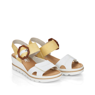 RIEKER - 67476-69 MEDIUM WEDGE FASHION "MOC BUCKLE" SANDAL - WHITE/LEMON
