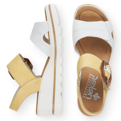 RIEKER - 67476-69 MEDIUM WEDGE FASHION "MOC BUCKLE" SANDAL - WHITE/LEMON