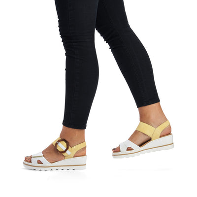 RIEKER - 67476-69 MEDIUM WEDGE FASHION "MOC BUCKLE" SANDAL - WHITE/LEMON