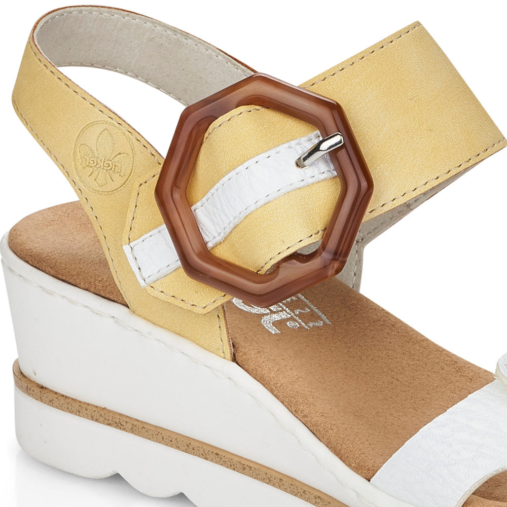 RIEKER - 67476-69 MEDIUM WEDGE FASHION "MOC BUCKLE" SANDAL - WHITE/LEMON