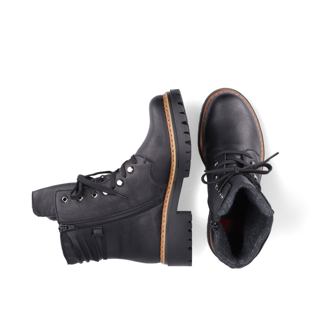 RIEKER - 72621-00 CHUNKY LOW HEEL LACE UP FASHION ANKLE BOOT - BLACK