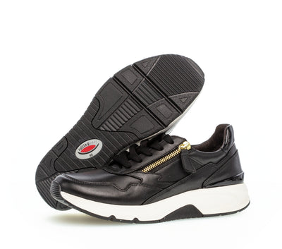 GABOR 96.898.37  ROLLING SOFT LACED SHOE WITH SIDE ZIP - BLACK LEATHER