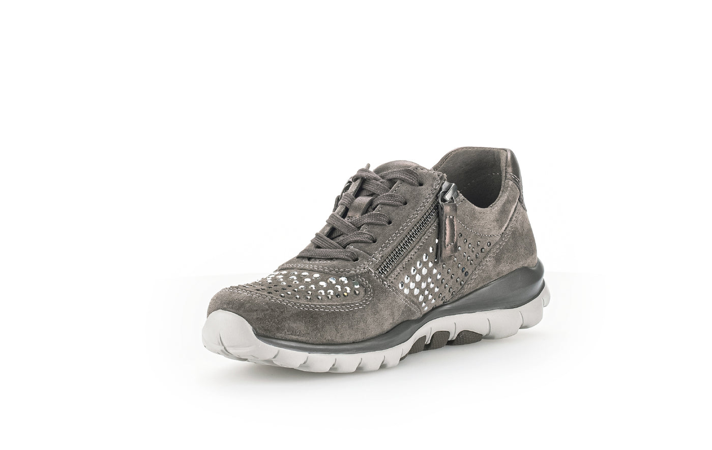 GABOR - 96.968.30 DOUBLE ZIP LACED WALKING SHOE WITH STUD DETAI - GREY SUEDE