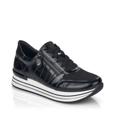 REMONTE - D1300-03 LACED FASHION SHOE WITH SIDE ZIP - BLACK PATENT MIX