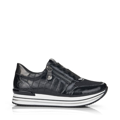 REMONTE - D1300-03 LACED FASHION SHOE WITH SIDE ZIP - BLACK PATENT MIX