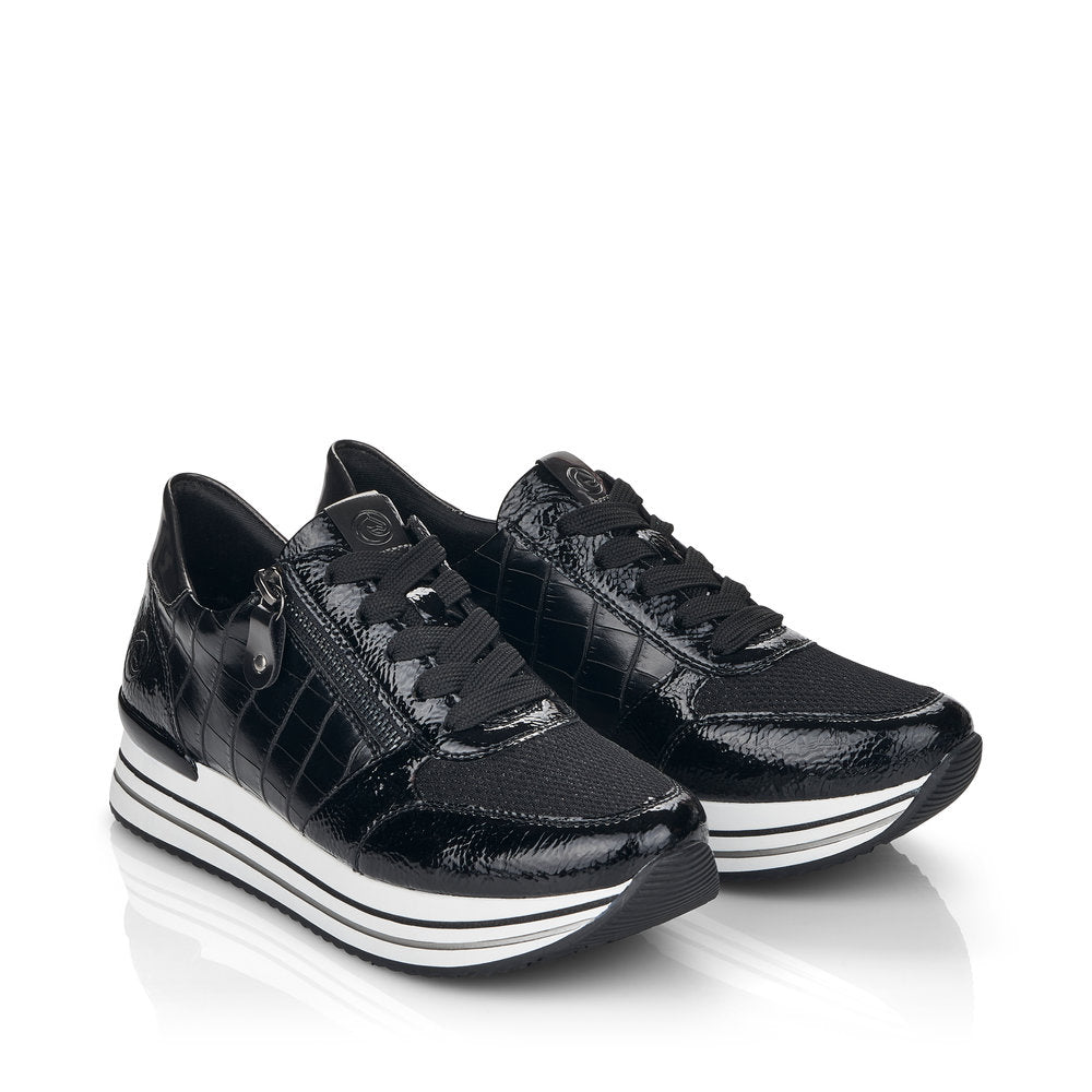 REMONTE - D1300-03 LACED FASHION SHOE WITH SIDE ZIP - BLACK PATENT MIX