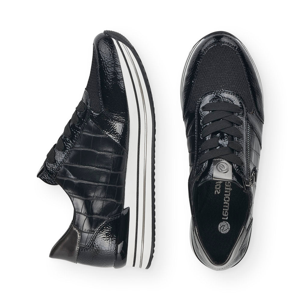 REMONTE - D1300-03 LACED FASHION SHOE WITH SIDE ZIP - BLACK PATENT MIX