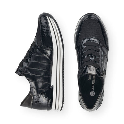 REMONTE - D1300-03 LACED FASHION SHOE WITH SIDE ZIP - BLACK PATENT MIX