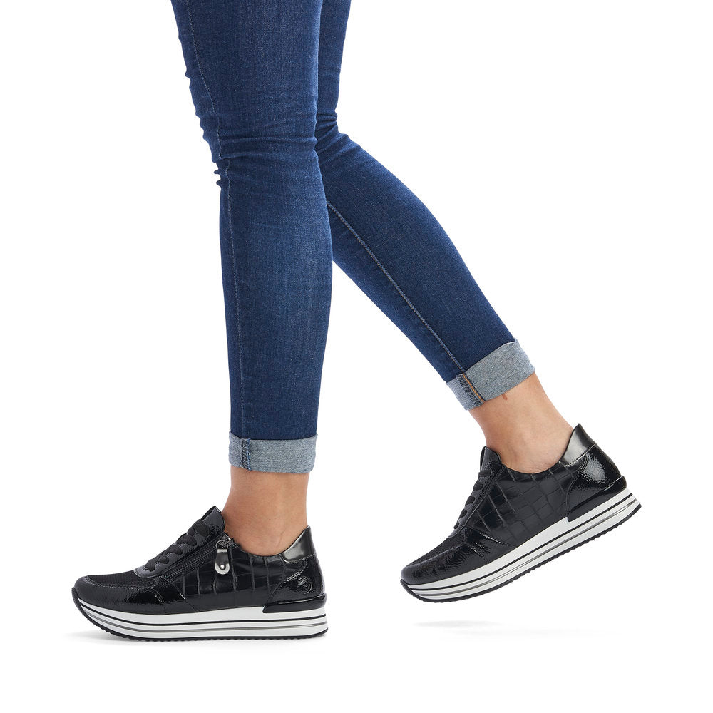 REMONTE - D1300-03 LACED FASHION SHOE WITH SIDE ZIP - BLACK PATENT MIX