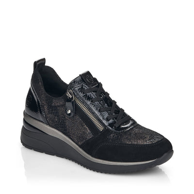 REMONTE - D2401-02 LACED WEDGE SHOE WITH ZIP - BLACK