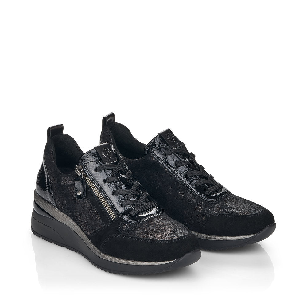 REMONTE - D2401-02 LACED WEDGE SHOE WITH ZIP - BLACK