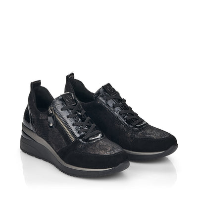 REMONTE - D2401-02 LACED WEDGE SHOE WITH ZIP - BLACK