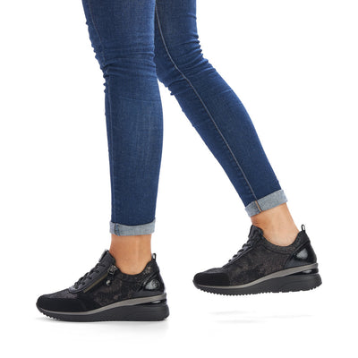 REMONTE - D2401-02 LACED WEDGE SHOE WITH ZIP - BLACK