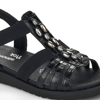REMONTE - D4062-00 FLAT ELASTIC STRAP SANDAL WITH BEAD DETAIL - BLACK