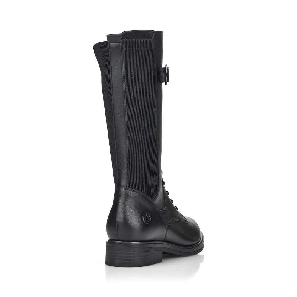REMONTE - D8381-01 FLAT CALF-LENGTH  LACED BOOT WITH BACK ZIPPER - BLACK