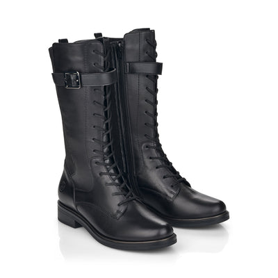 REMONTE - D8381-01 FLAT CALF-LENGTH  LACED BOOT WITH BACK ZIPPER - BLACK