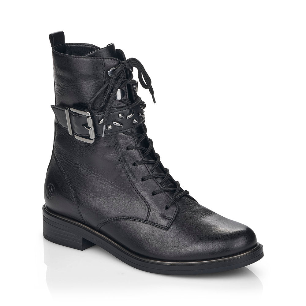 Remonte D8382-01 Black Biker Style Ankle Boots with Zip and Laces