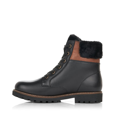REMONTE - D8463-01 LACED ZIP ANKLE BOOT WITH FUR CUFF - BLACK