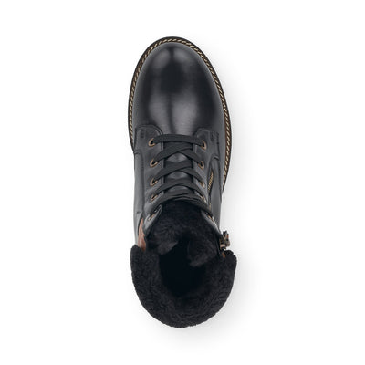 REMONTE - D8463-01 LACED ZIP ANKLE BOOT WITH FUR CUFF - BLACK