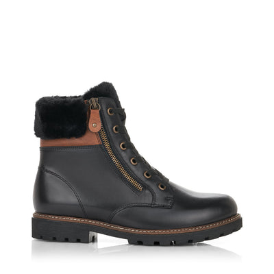 REMONTE - D8463-01 LACED ZIP ANKLE BOOT WITH FUR CUFF - BLACK