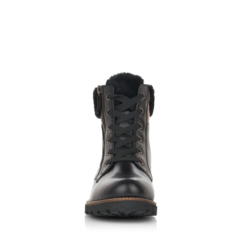 REMONTE - D8463-01 LACED ZIP ANKLE BOOT WITH FUR CUFF - BLACK