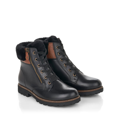 REMONTE - D8463-01 LACED ZIP ANKLE BOOT WITH FUR CUFF - BLACK