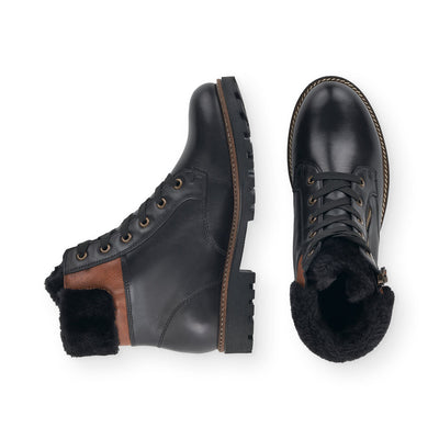 REMONTE - D8463-01 LACED ZIP ANKLE BOOT WITH FUR CUFF - BLACK