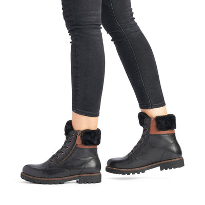 REMONTE - D8463-01 LACED ZIP ANKLE BOOT WITH FUR CUFF - BLACK
