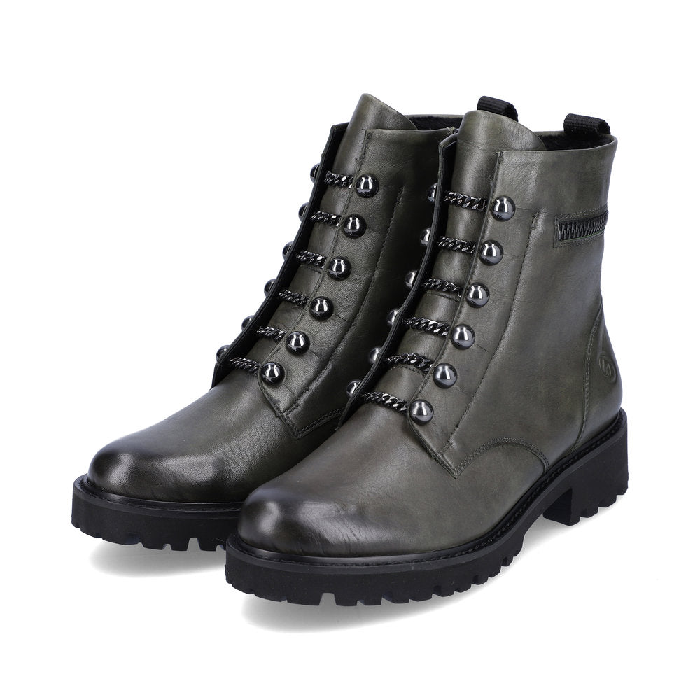 REMONTE D8670-52 CHAIN LACE ANKLE BOOT WITH SIDE ZIP - GREEN