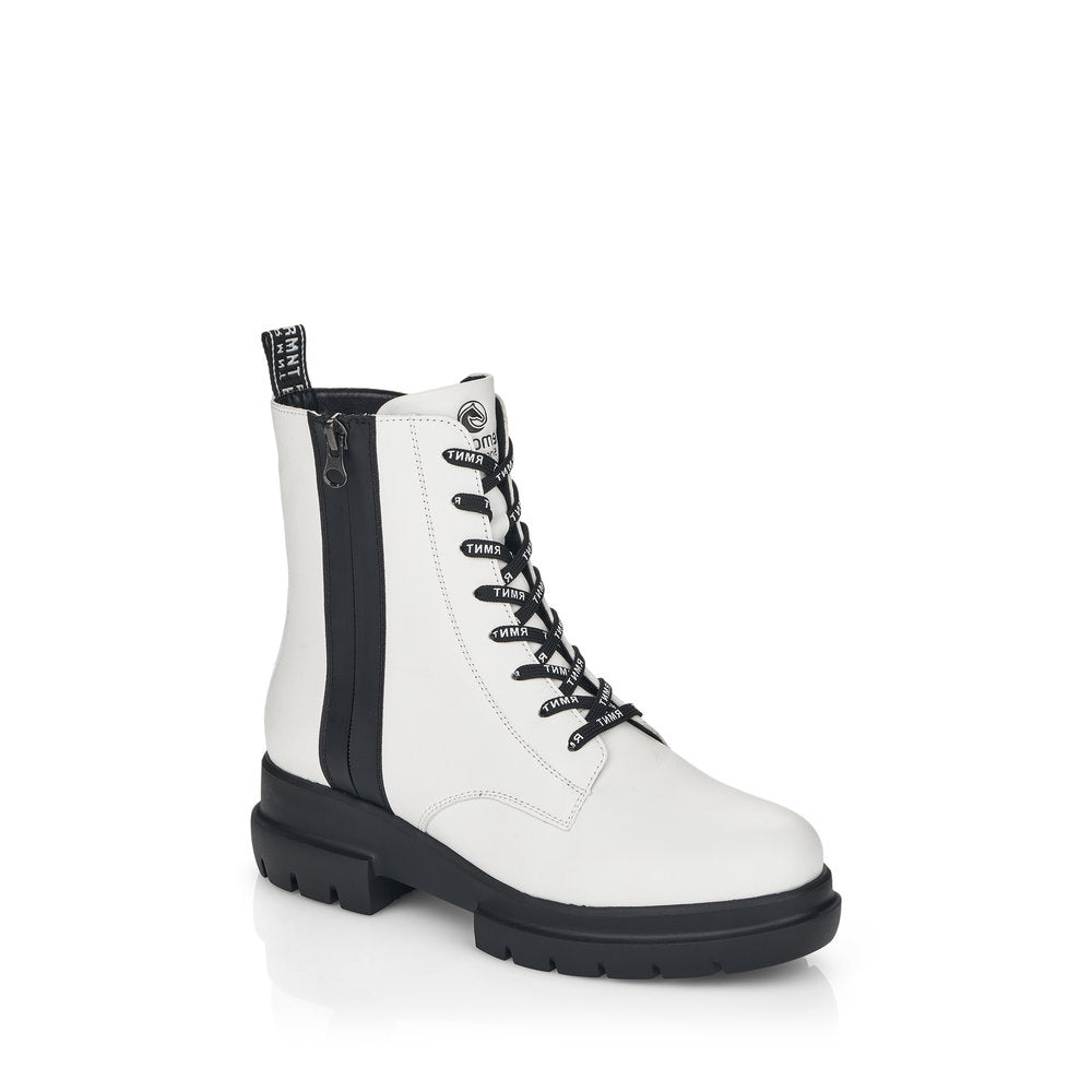 REMONTE - D8975-80 LOW HEEL LACE FASHION ANKLE BOOT WITH ZIP - WHITE