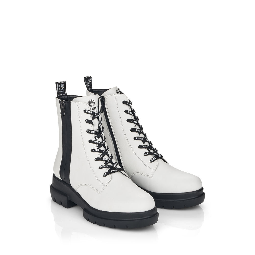 REMONTE - D8975-80 LOW HEEL LACE FASHION ANKLE BOOT WITH ZIP - WHITE