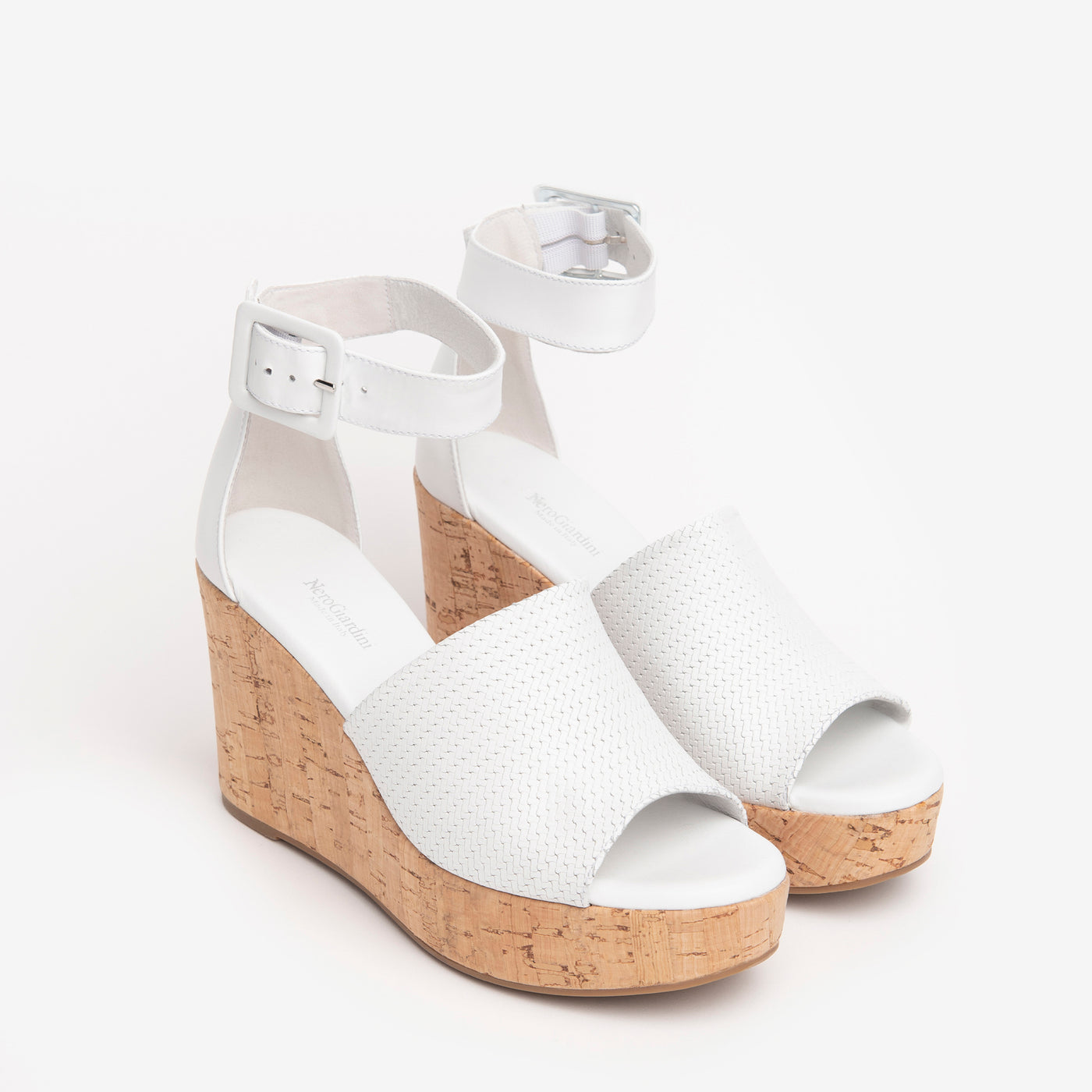 NeroGiardini - E218771D 707 HIGH WEDGE ANKLE STRAP SANDAL - WHITE
