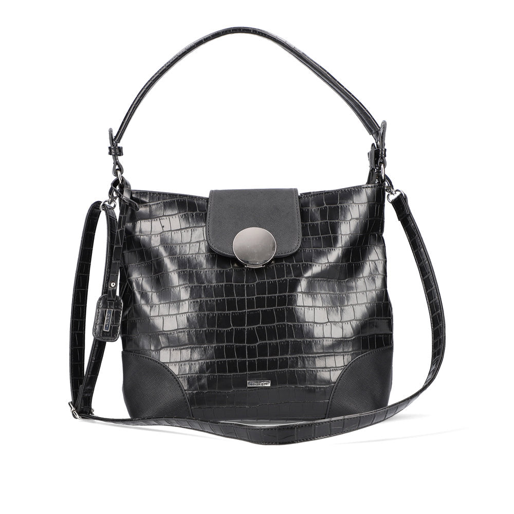 RIEKER - H1087-00 ZIP SHOULDER BAG WITH FLAP AND REMOVABLE STRAP - BLACK SNAKESKIN