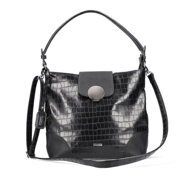 RIEKER - H1087-00 ZIP SHOULDER BAG WITH FLAP AND REMOVABLE STRAP - BLACK SNAKESKIN
