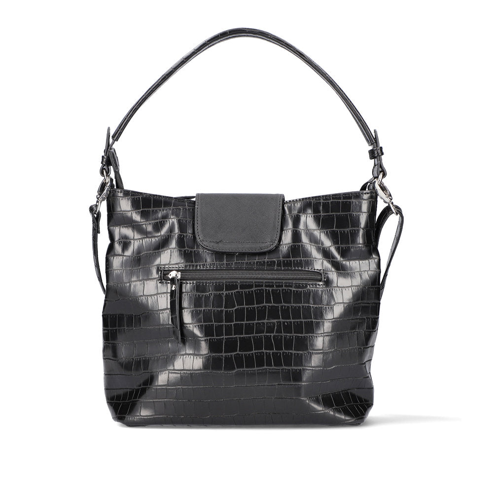 RIEKER - H1087-00 ZIP SHOULDER BAG WITH FLAP AND REMOVABLE STRAP - BLACK SNAKESKIN