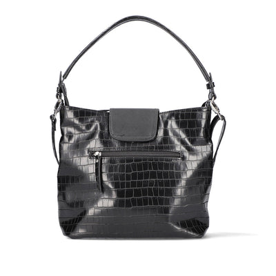 RIEKER - H1087-00 ZIP SHOULDER BAG WITH FLAP AND REMOVABLE STRAP - BLACK SNAKESKIN