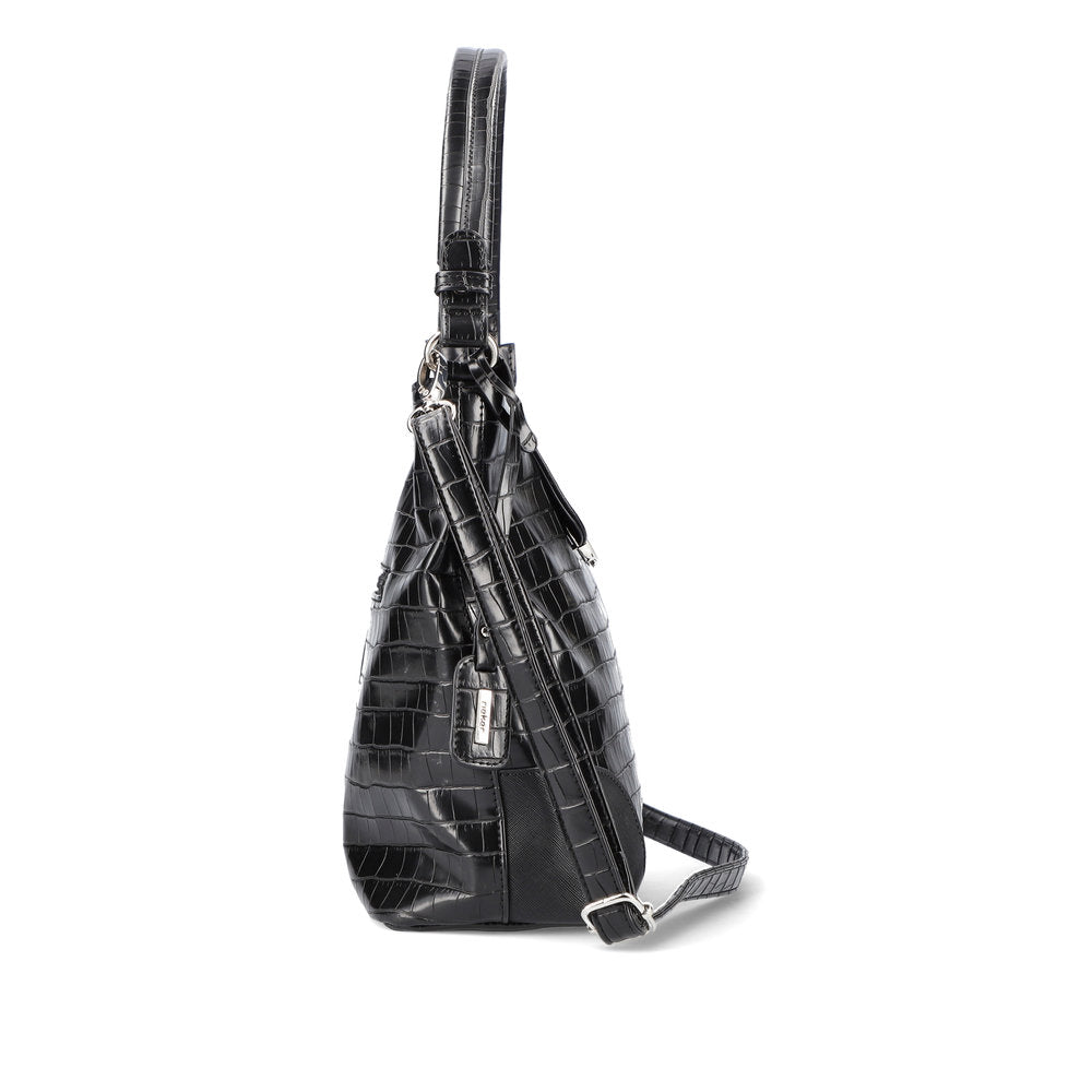 RIEKER - H1087-00 ZIP SHOULDER BAG WITH FLAP AND REMOVABLE STRAP - BLACK SNAKESKIN
