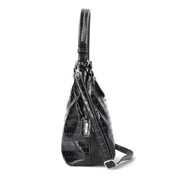 RIEKER - H1087-00 ZIP SHOULDER BAG WITH FLAP AND REMOVABLE STRAP - BLACK SNAKESKIN