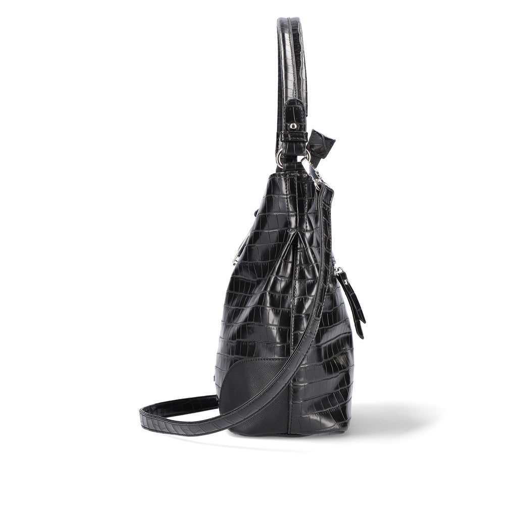 RIEKER - H1087-00 ZIP SHOULDER BAG WITH FLAP AND REMOVABLE STRAP - BLACK SNAKESKIN