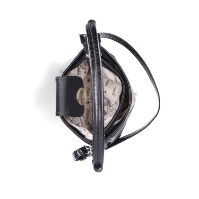 RIEKER - H1087-00 ZIP SHOULDER BAG WITH FLAP AND REMOVABLE STRAP - BLACK SNAKESKIN