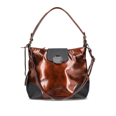 RIEKER - H1087-22 ZIP SHOULDER BAG WITH FLAP AND REMOVABLE STRAP - BRONZE PATENT