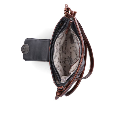 RIEKER - H1087-22 ZIP SHOULDER BAG WITH FLAP AND REMOVABLE STRAP - BRONZE PATENT