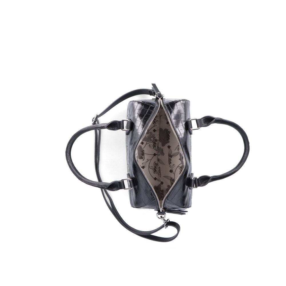 RIEKER - H1321-00 ZIP HANDBAG WITH DETACHABLE ADJUSTABLE STRAP - BLACK SNAKESKIN