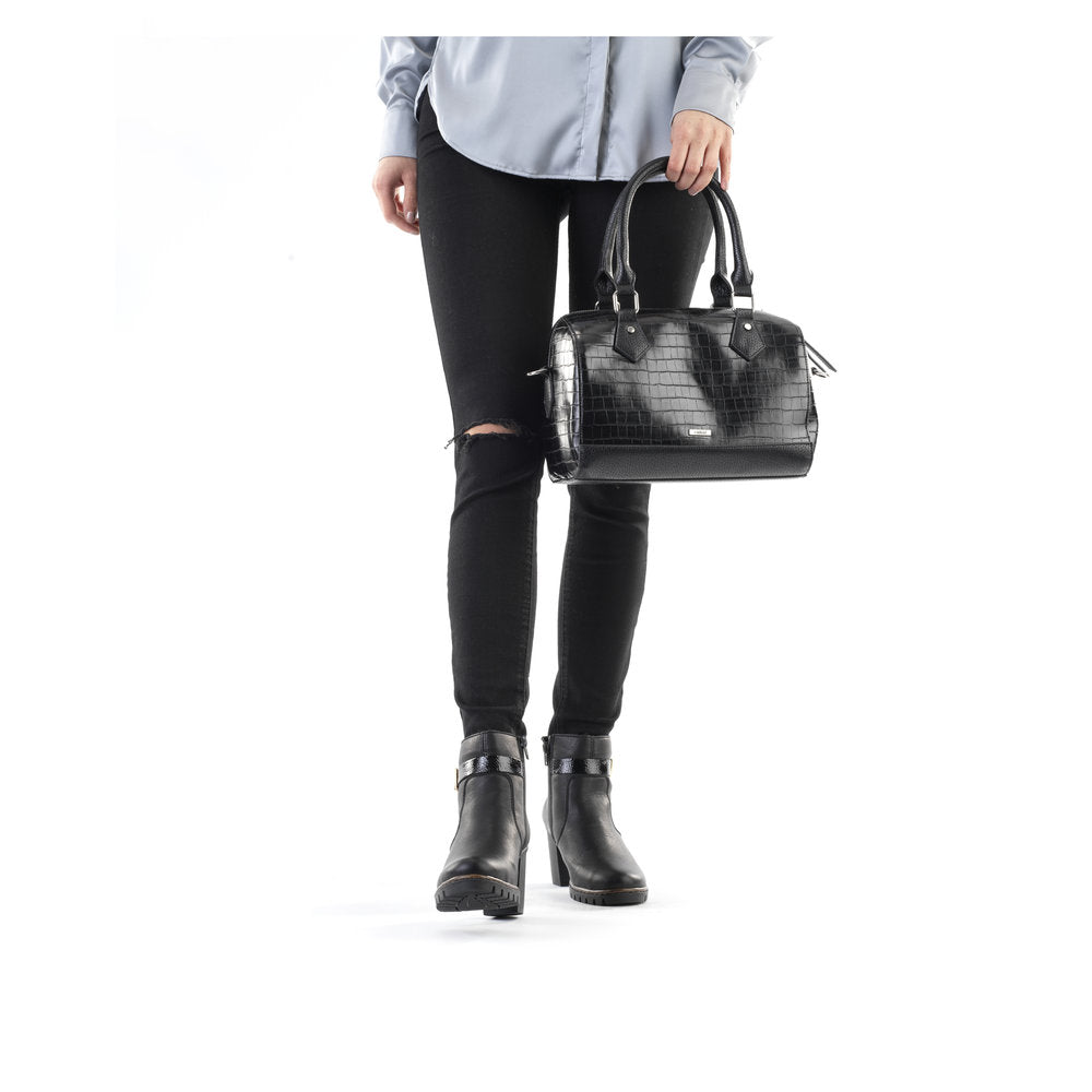 RIEKER - H1321-00 ZIP HANDBAG WITH DETACHABLE ADJUSTABLE STRAP - BLACK SNAKESKIN