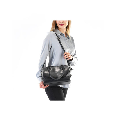 RIEKER - H1321-00 ZIP HANDBAG WITH DETACHABLE ADJUSTABLE STRAP - BLACK SNAKESKIN